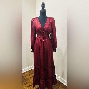 Wine Jewel Smocked Romantic Boho Satin Maxi Dress